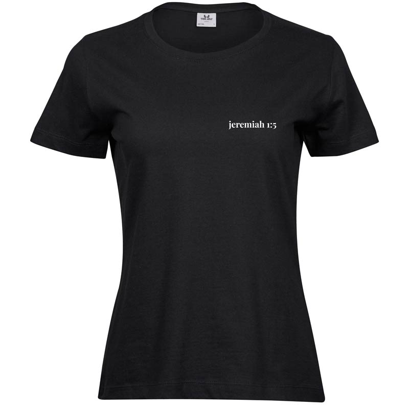 Jeremiah 1:5 | Ladies Sof T-Shirt | Black | White print | Small | Go Tell Ltd