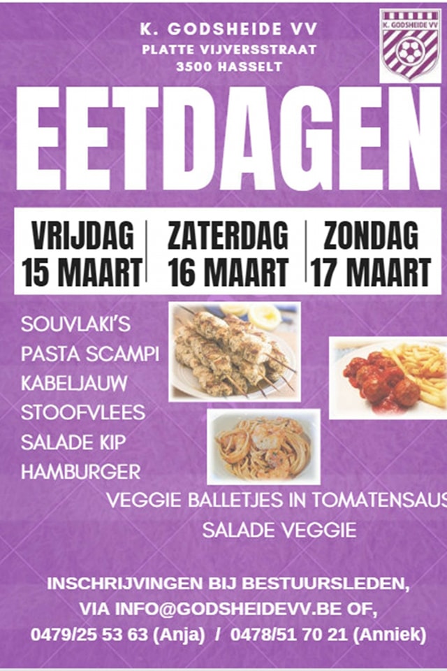 eetdagen | 15 - 16 - 17 maart | Souvlaki's, Pasta Scampi, Kabeljauw, Stoofvlees, Slade Kip, Hamburger, Veggie balletjes in tomatensaus of Salade veggie