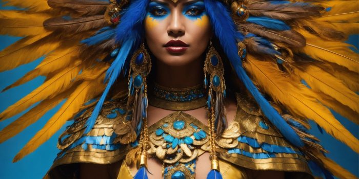 A tan skin aztec female all blue and gold elaborat 1