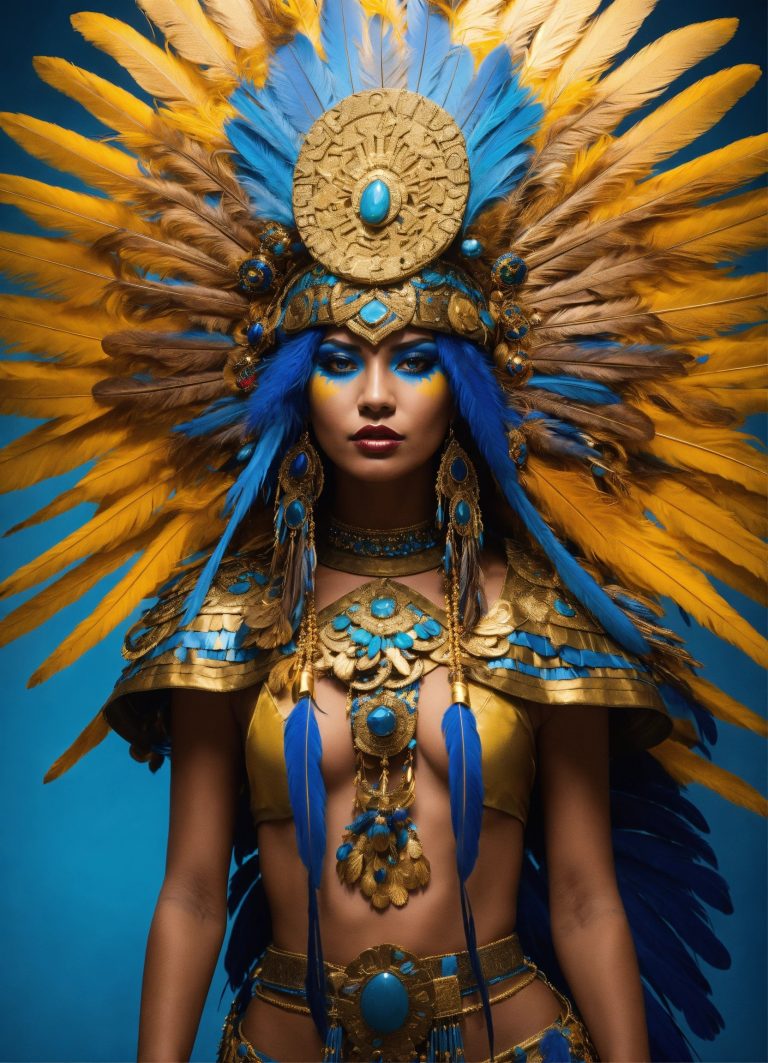 A tan skin aztec female all blue and gold elaborat 1