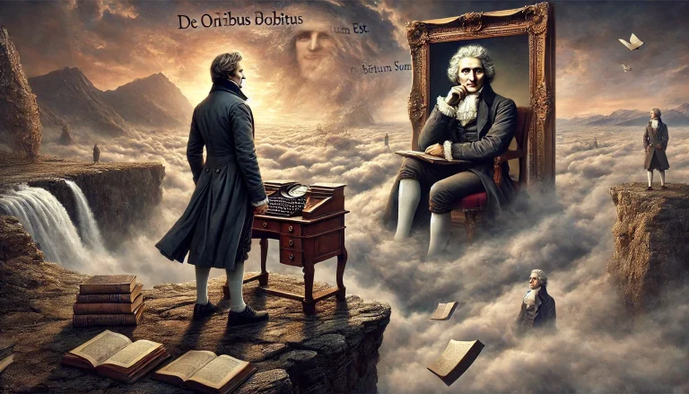 DALL·E 2025 03 23 13.16.23 A surreal, highly detailed scene featuring Søren Kierkegaard standing on a rocky precipice, dressed in 19th century attire, gazing over a vast, foggy