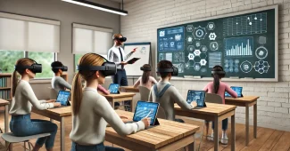DALL·E 2025 03 26 11.40.44 A modern classroom where students are wearing augmented reality headsets, engaging with interactive digital learning content on tablets and screens. T