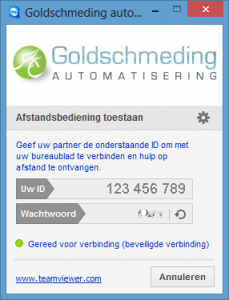 Goldschmeding Automatisering - Hulp op afstand - Teamviewer inlog scherm