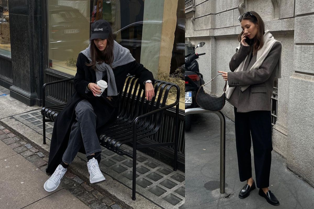 Fashion blogger wearing over sized shirt, black cap and white boots