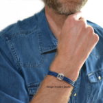 Heren armband leder blauw, handgemaakt origineel ontwerp uit eigen atelier