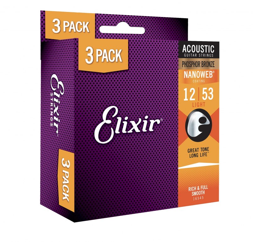 Elixir 16545 Nanoweb Phosphor Bronze Strings, 12-53 (3-pk)