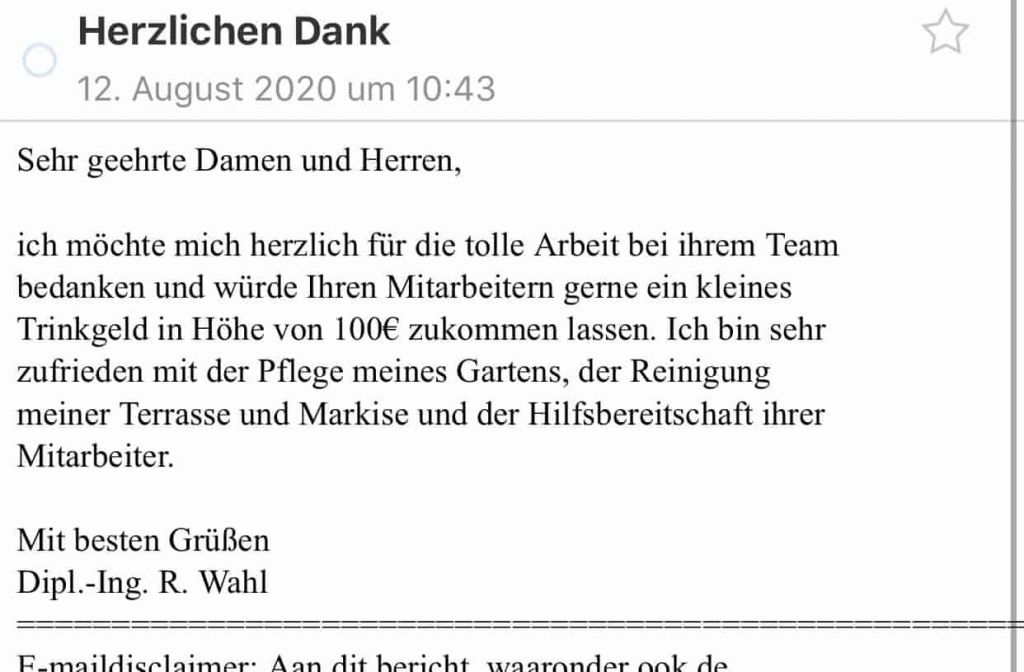 Kundenmeinung Gärtner, Terrassenreinigung, Markisenreinigung