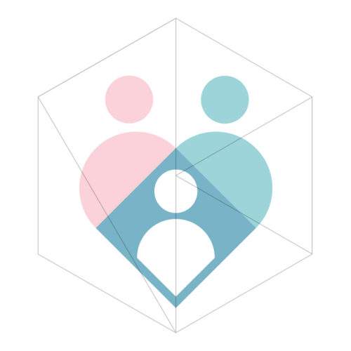 Minimalistisches Logo einer dreiköpfigen Familie in Herzform, gestaltet in Pastellrosa und Türkisblau auf weißem Hintergrund.