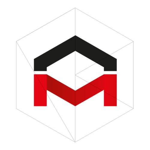 Geometrisches Logo bestehend aus einem schwarzen Hausdach und einem roten Fundament in Form des Buchstabens M mit Schattierung