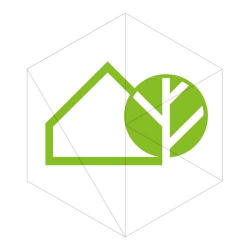 Minimalistisches grünes Logo, das die Umrisse eines Hauses zeigt, welches direkt mit einem kreisförmigen Baum-Symbol verbunden ist.