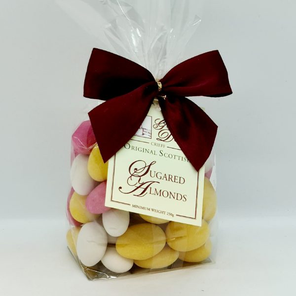 250g Bag of Sugared Almonds, tied with a gift red ribbon.
