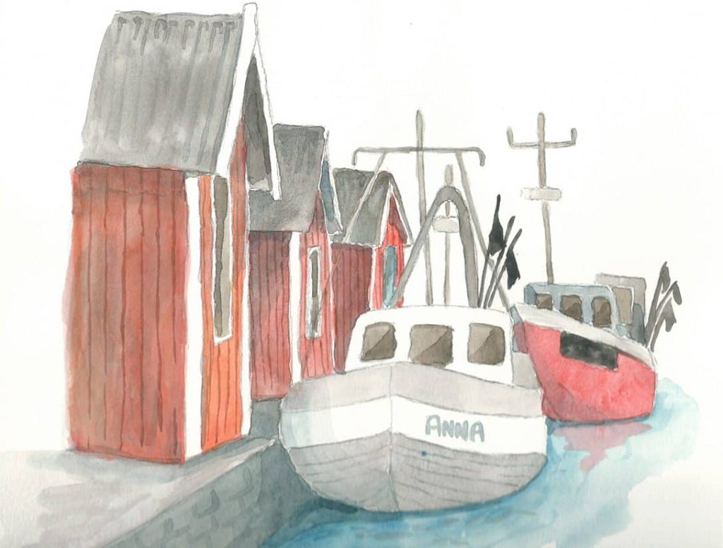 akvarell av fiskbåtar i Lomma hamn