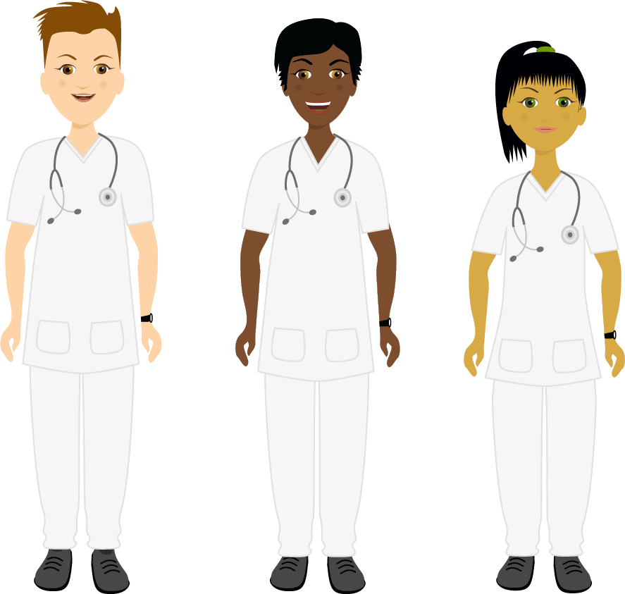 illustration av tre ungdomar i sjukvårds kläder