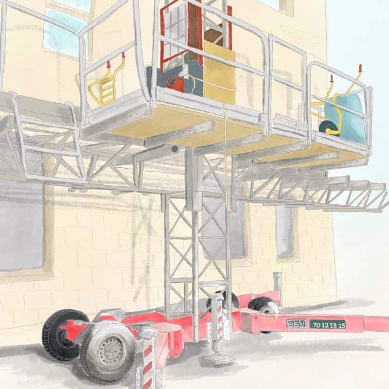 en illustration av en byggnadsställning vid ett husbygge