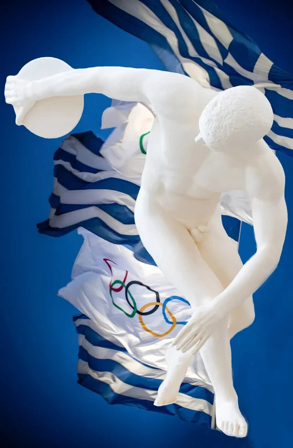 Discus Thrower with Olympic and Greek Flags | Athens