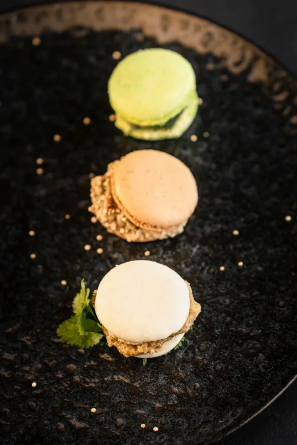 Three pieces of savoury macarons – ideal for summer parties.