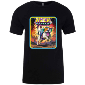 Black t-shirt featuring a comic book design of a man wearing a light denim jacket and dark denim jeans with a blue top holding a V-shaped black and pink guitar. He is riding on the back of a giant dog who is coming out of an explosion. The dog is white with an orange patch over his left eye and a purple patch over his right. Written above them both are the words 'Nick Capaldi' Nick is written in yellow with a purple shadow and Capaldi is in electric blue font with a black background. The picture is framed by a yellow inner border and light blue outer border