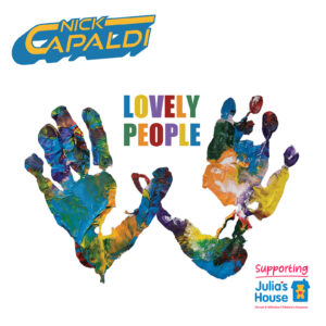 A blue and yellow logo sits in the top left on a white background with the artists name. Below, in the centre, are 2 colourful handprints done with paint in the shape of a 'V'. In the centre of the V, are the words 'Lovely People' in different colour lettering. In the bottom right, is the logo for 'Julia's House' in light blue.