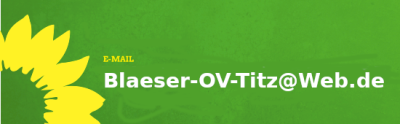 Das Bild zeigt die e-Mailadresse von Hermann-Josef Blaeser: Blaeser-OV-Titz@Web.de. Der Hintergrund ist grün. Am linken Rand des Bildes ist ein Teil der typischen gelben Sonnenblume zu sehen
