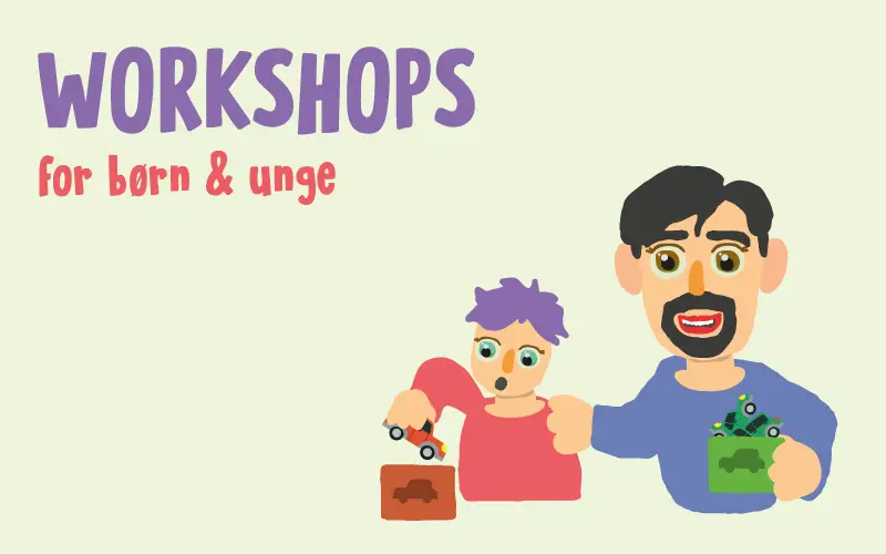 Illustreret indgangsbillede til Guldastronauts workshops for børn og unge
