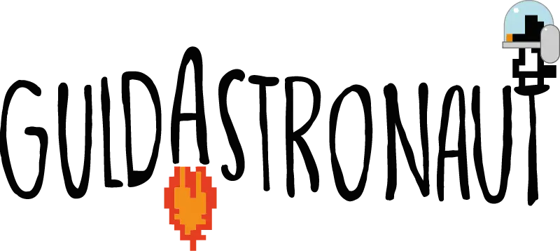 Guldastronaut logo med ild og lille astronaut