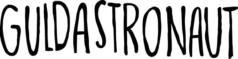 Guldastronaut logo i sort håndtegnet typografi