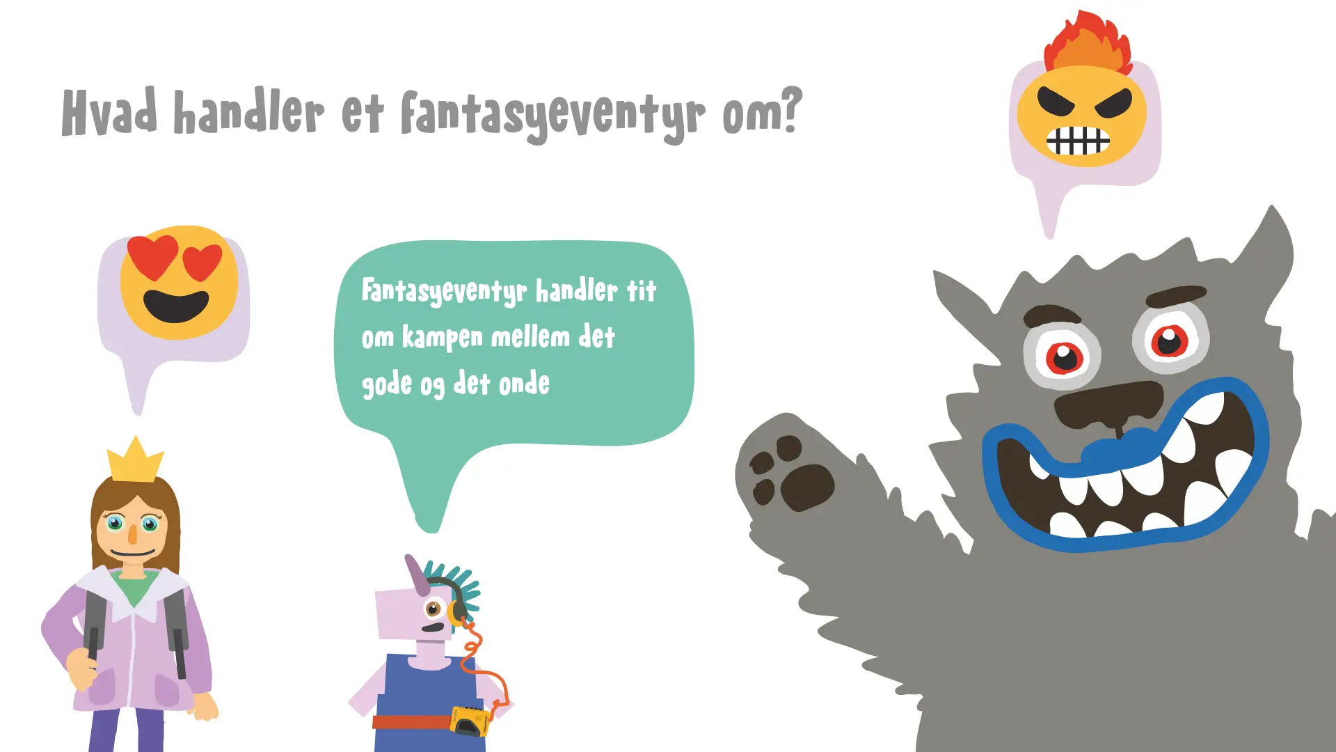 Slide fra stopmotionworkshop: Hvad handler et fantasyeventyr om?