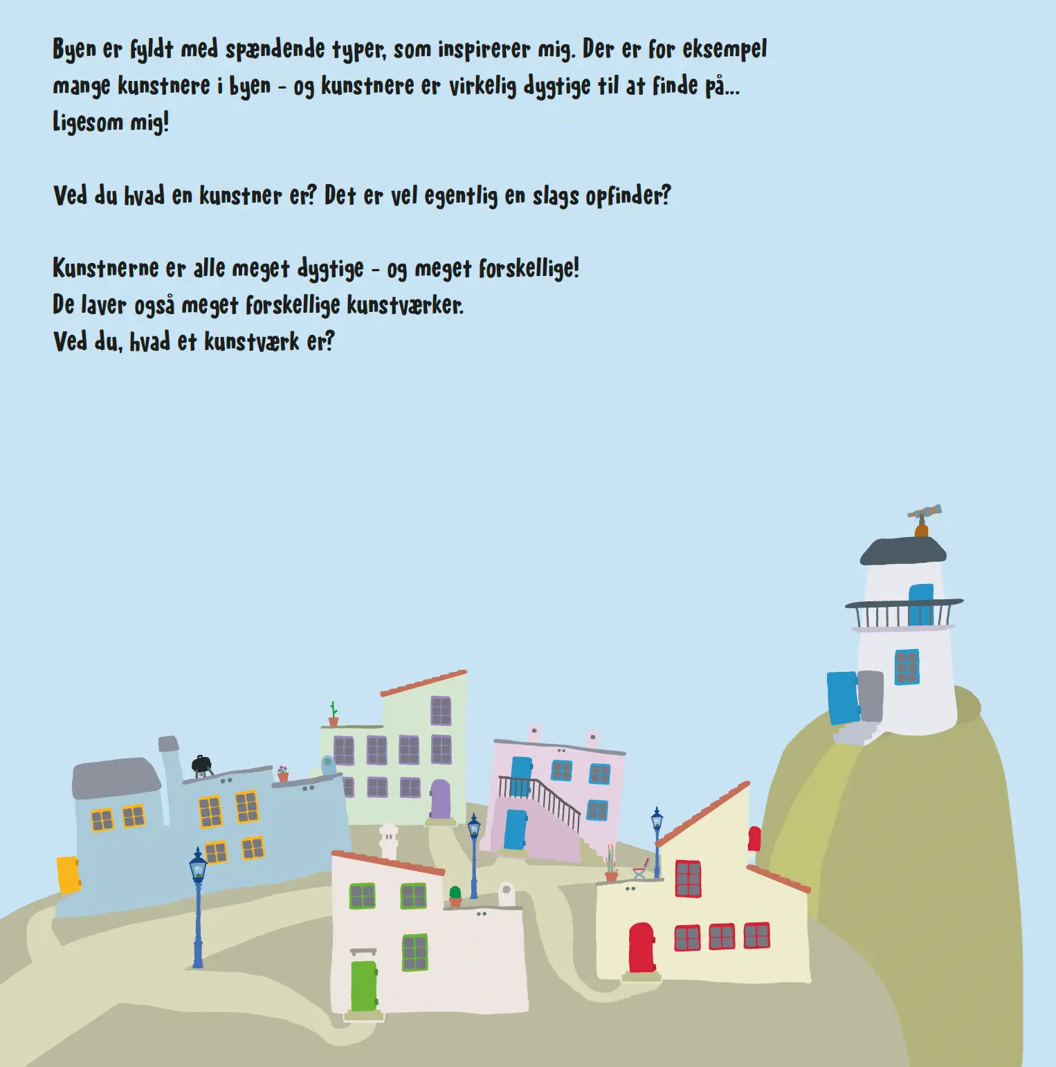Illustreret side fra Kunstnerbyen med farverige huse og fyrtårn.