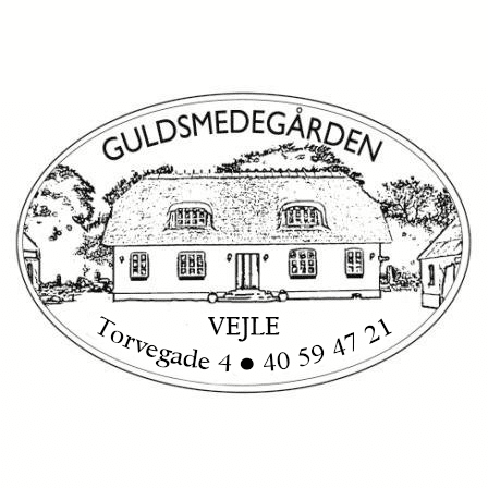 Guldsmedegården logo med illustration af bindingsværkshus og adresse i Vejle