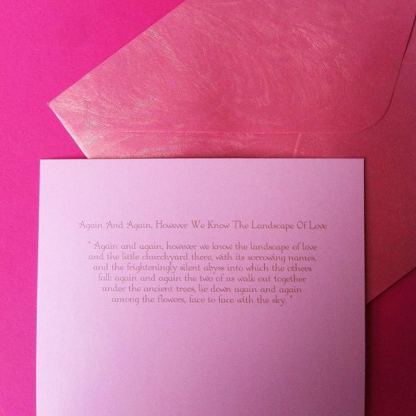 Postcard featuring "Again and again" poem by Rainer Maria Rilke with pink textured envelope
