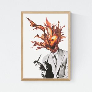 "Hovedløse" collage by Mahmud Sahan in oak frame