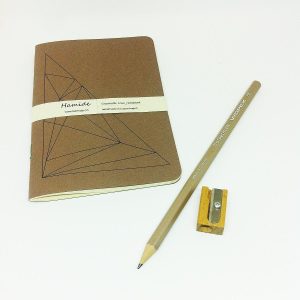 Setting with "Geometric Love" notebook, pencil and pencil sharpener