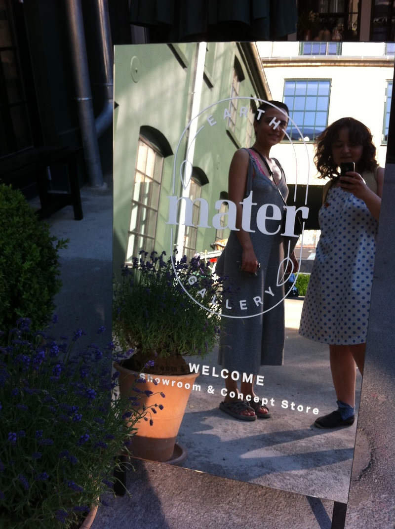 Selfie through the mirror signage of Mater Earth Gallery Copenhagen