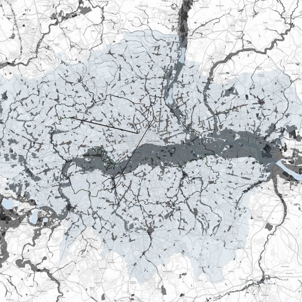 Map showing my cycle route around London, Flood Zones, Landfill, and High Streets Boundaries