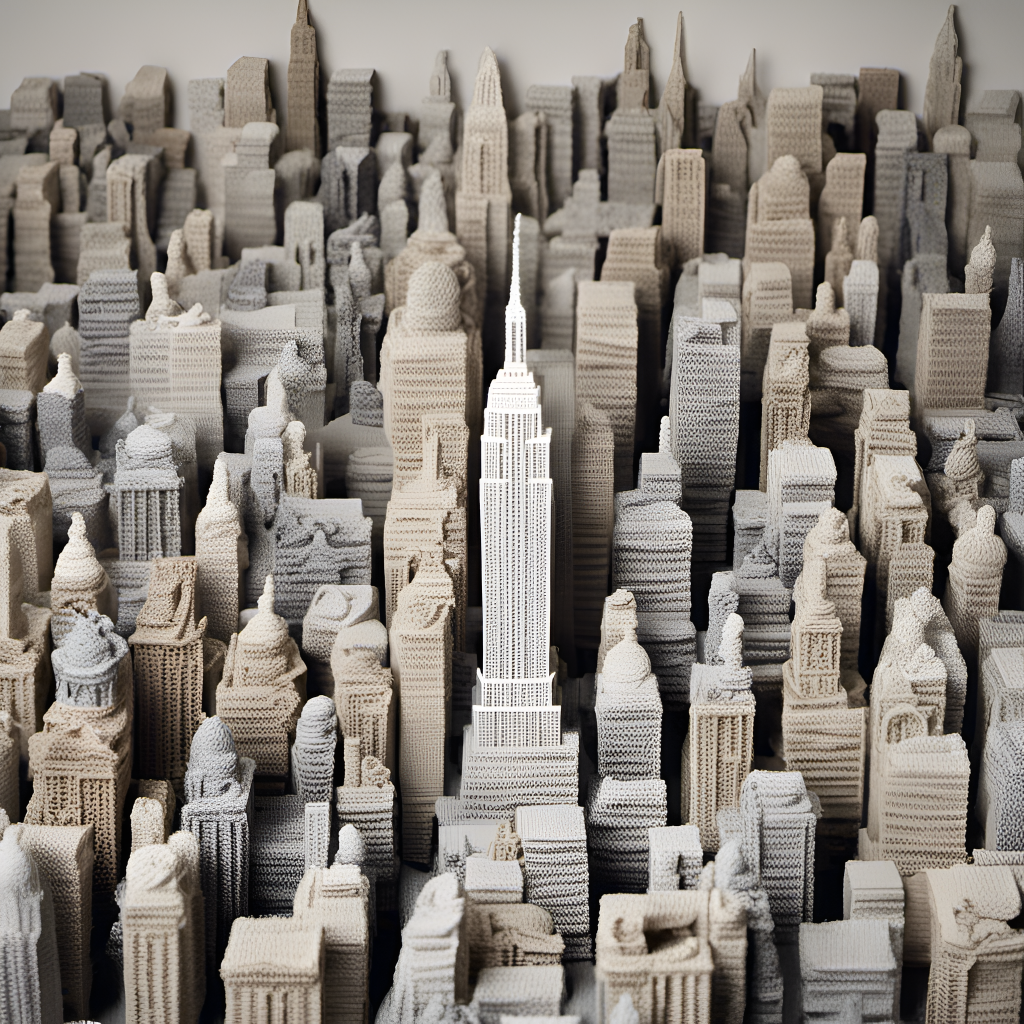 Empire state building and surrounding building made out of yarn
