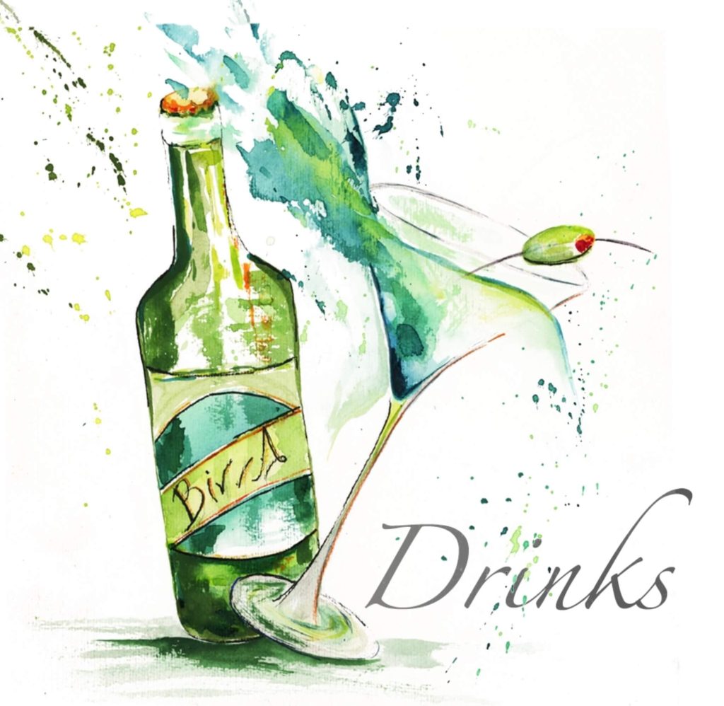 Kerry Slack Art, watercolour drinks, splashy beer bottle and cocktail