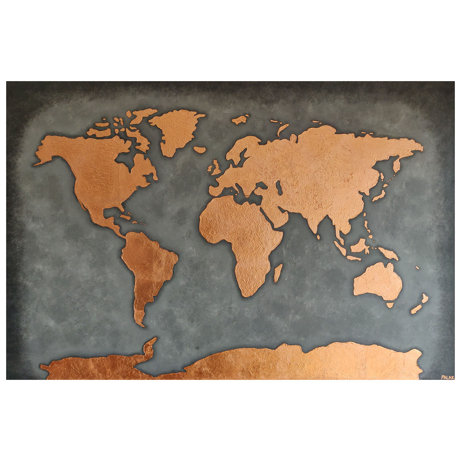 Palak Patel, Copper and Grey World Map, Acrylics and Copper Leaf, 1500mmx1000mm, £495