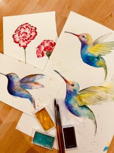 Hummingbirds come in all sorts of glorious colours. These have been painted in loose, bright watercolours