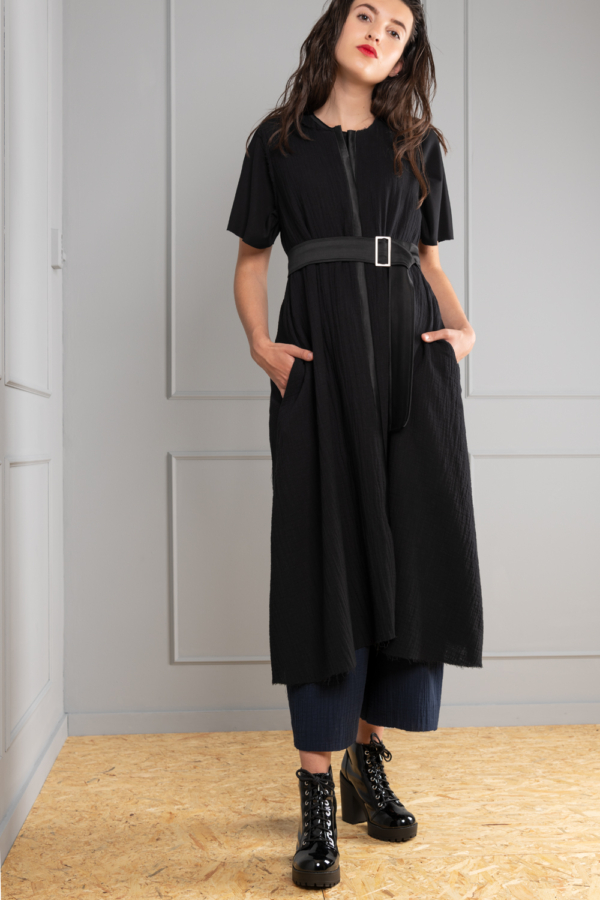 long black A-line cardigan