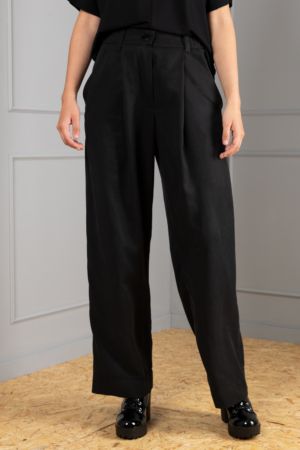 Band-pleated wide-leg black womens trouser