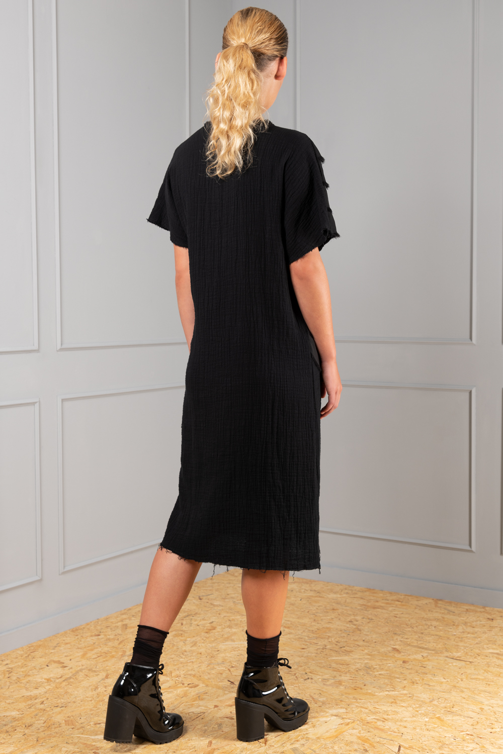Black cotton dress with chiffon stripes for women Haruco vert