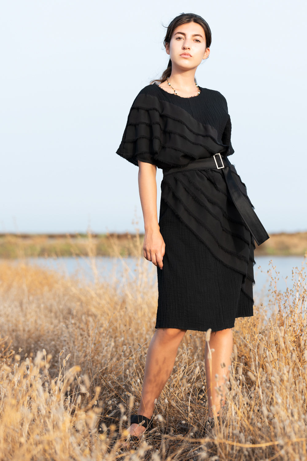 Black cotton dress with chiffon-stripes for women | Haruco-vert
