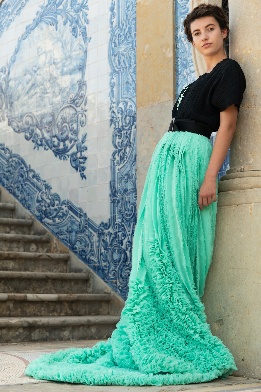a unique mint green ruffled skirt with frayed chiffon Haruco vert