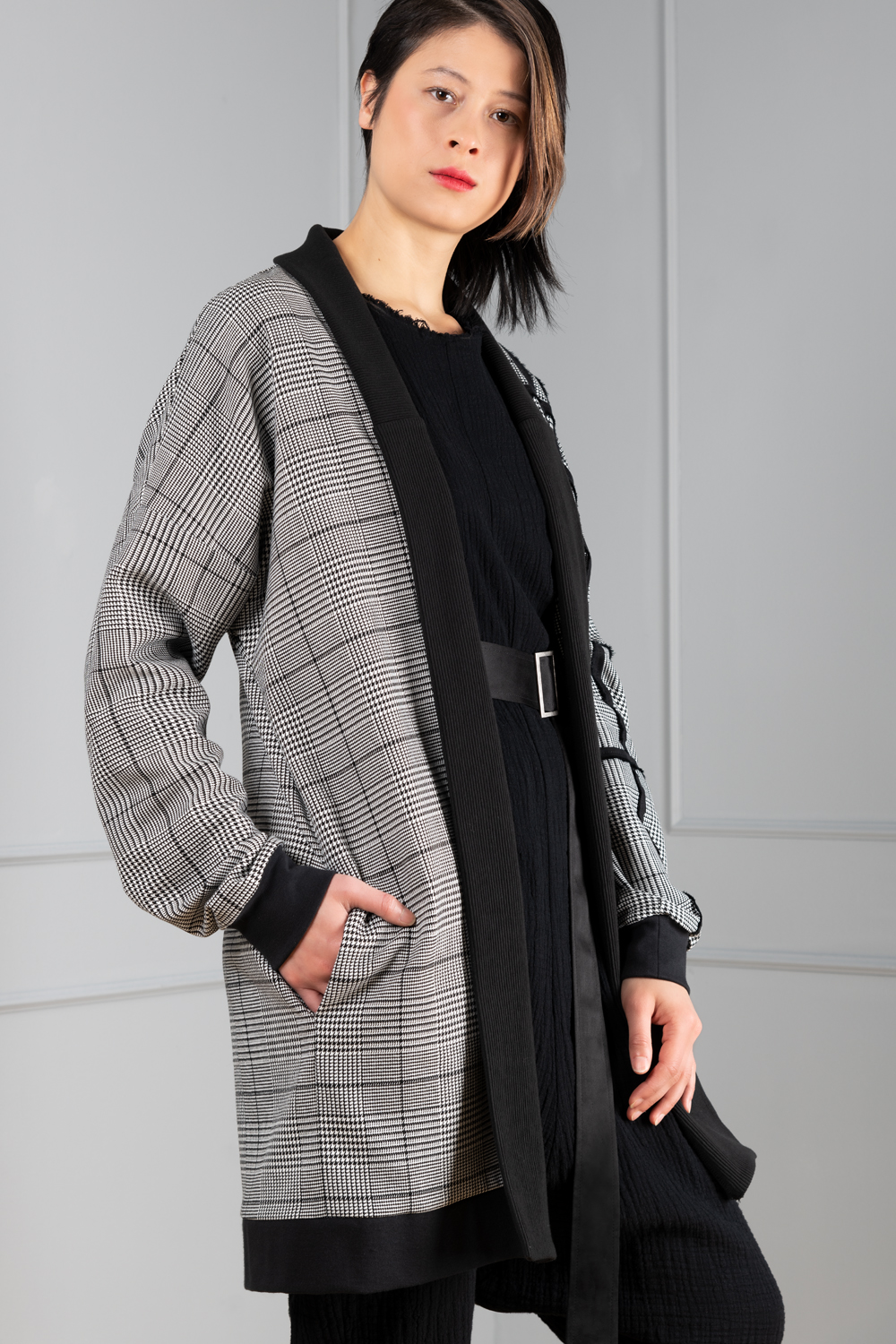 Houndstooth women's cardigan with kimono sleeves | Haruco-vert