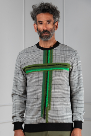 green-cross houndstooth men's sweater