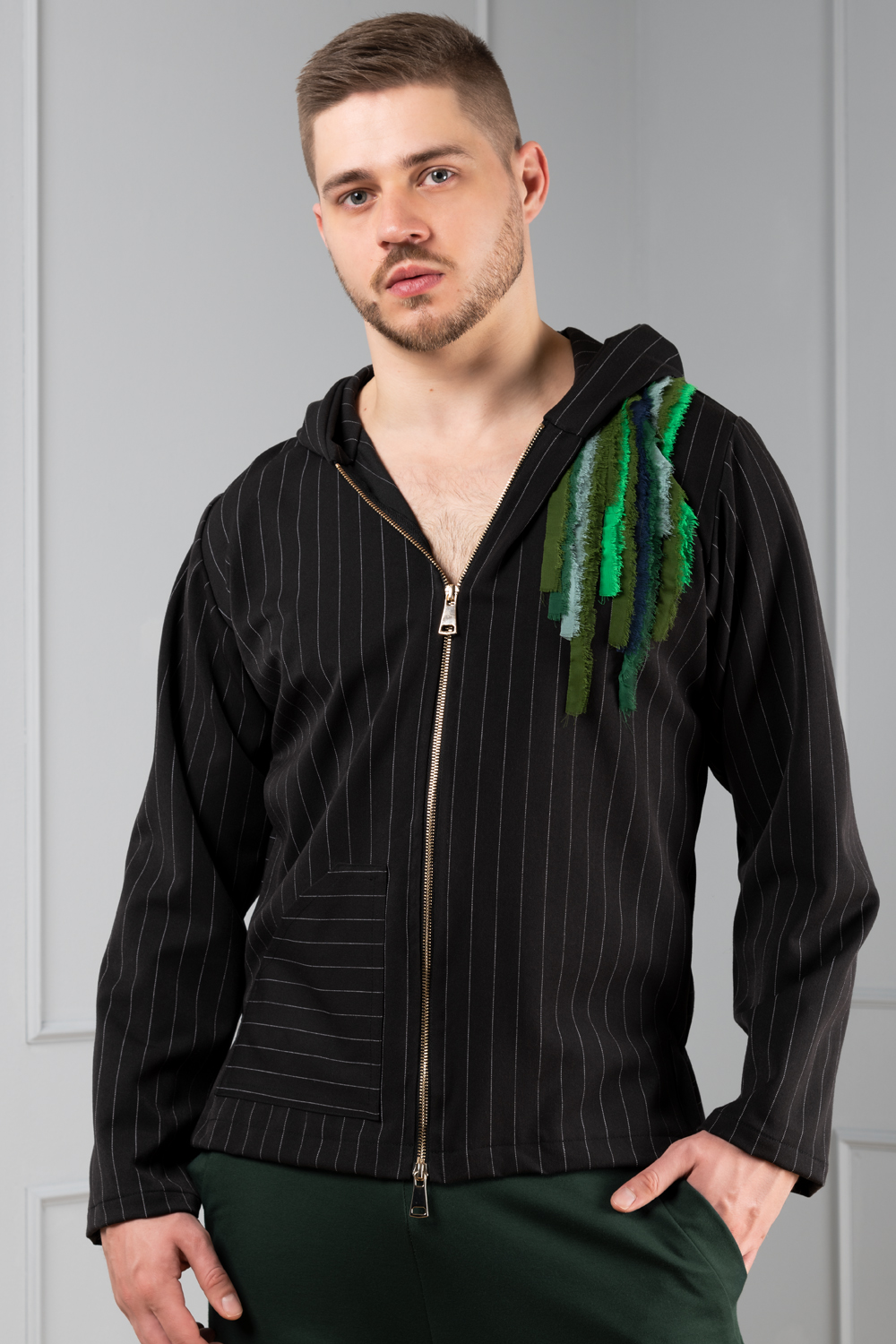 black pinstripe men's hoodie with chiffon strips | Haruco-vert