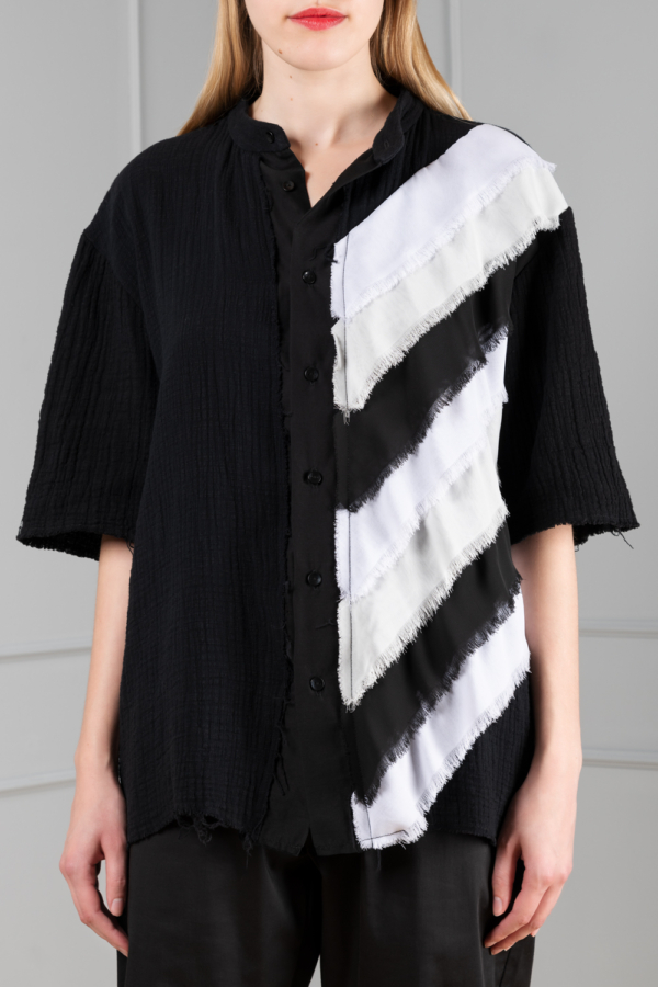 black-cotton women's shirt with chiffon-strips