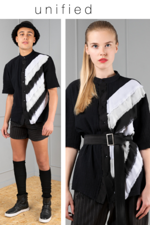 black-cotton unisex shirt with chiffon-strips