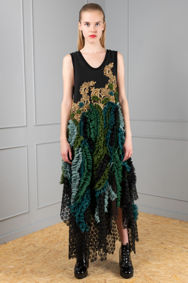 black-and-green gala dress