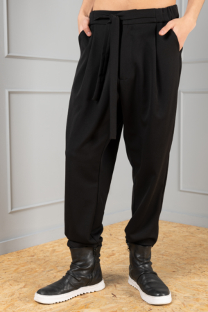 black unisex trousers with tie-belt